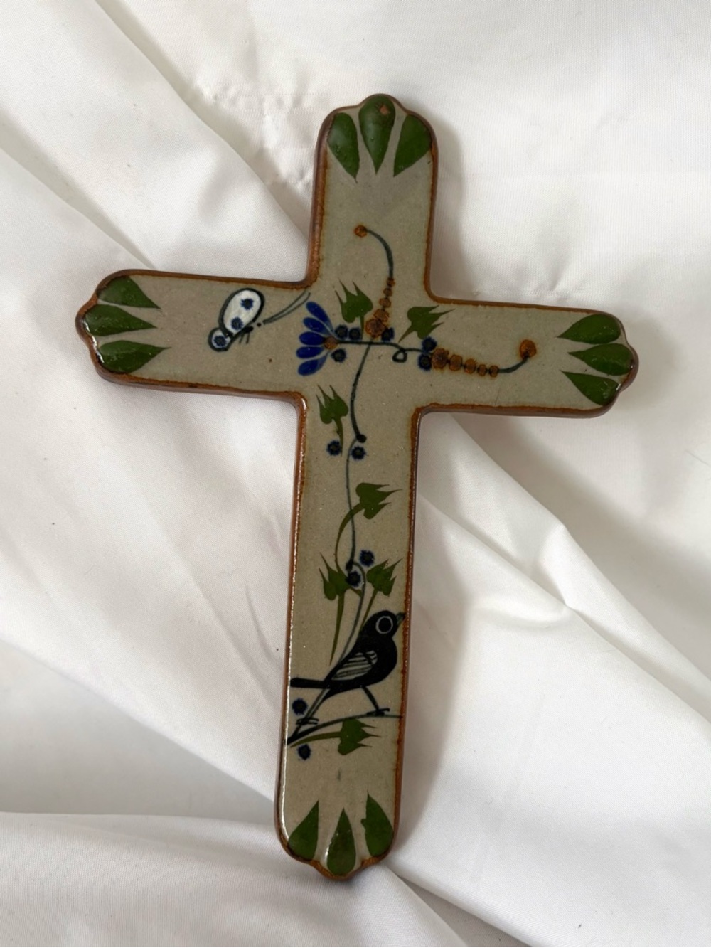 Vintage boho talavera clay cross wall hanging home decor bird handpainted